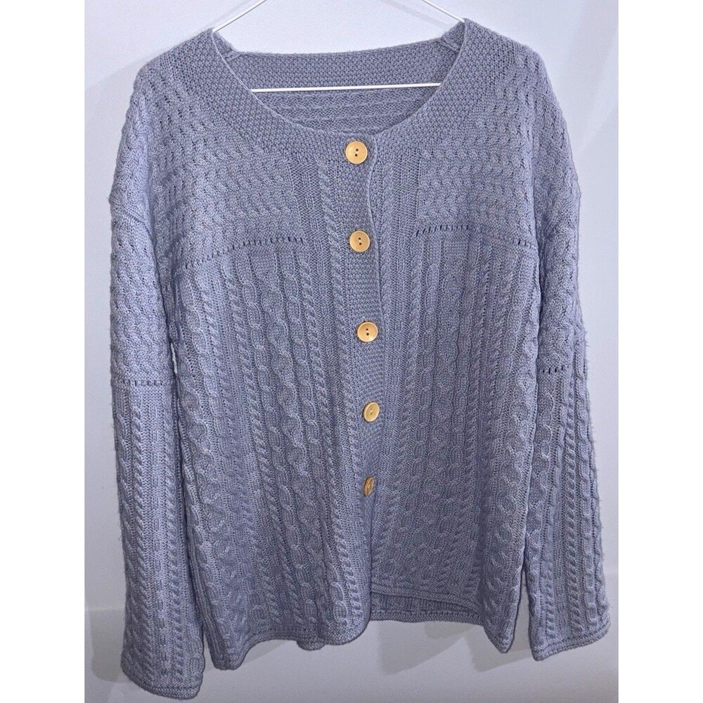 Womens L Gray Solid Cable Knit Lightweight Button-Front Round Neck Cardigan